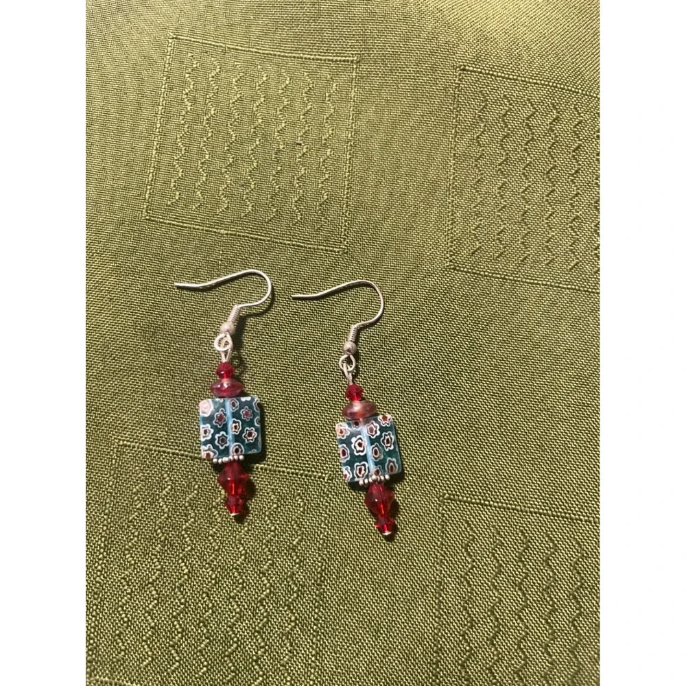 Millefiori Glass Square Bead Drop Earrings Teal Red Floral Boho Artisan Jewelry